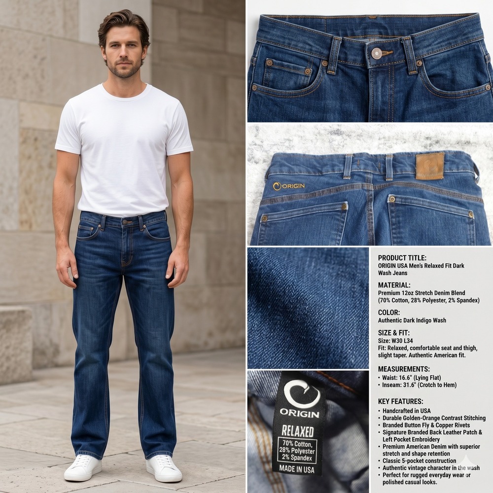 Origin USA Men's Jeans Relaxed Fit Dark Wash Stretch Denim Made in USA W30 L34